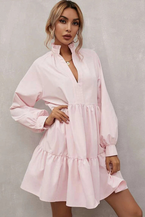 Frilled Stand Collar Long Sleeve Ruffle Dress